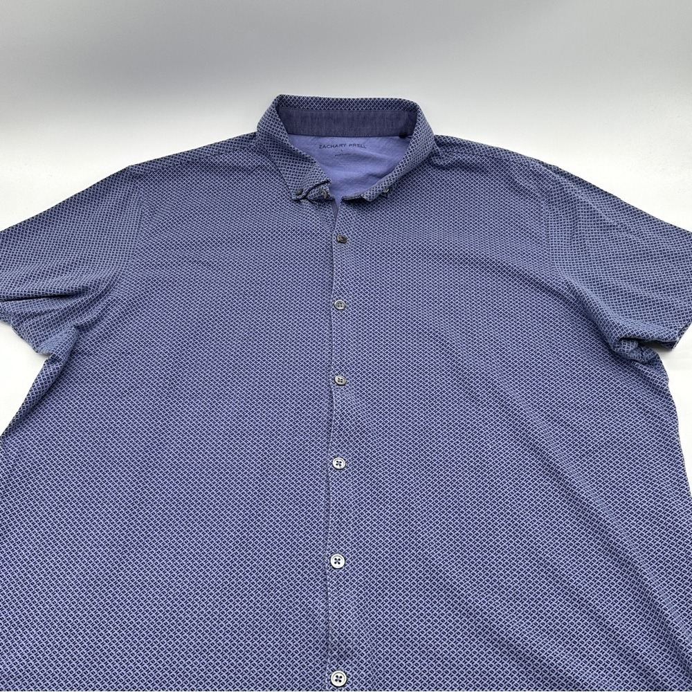 Zachary Prell Mens Large Blue Purple Geometric Print Cotton Short Sleeve Shirt